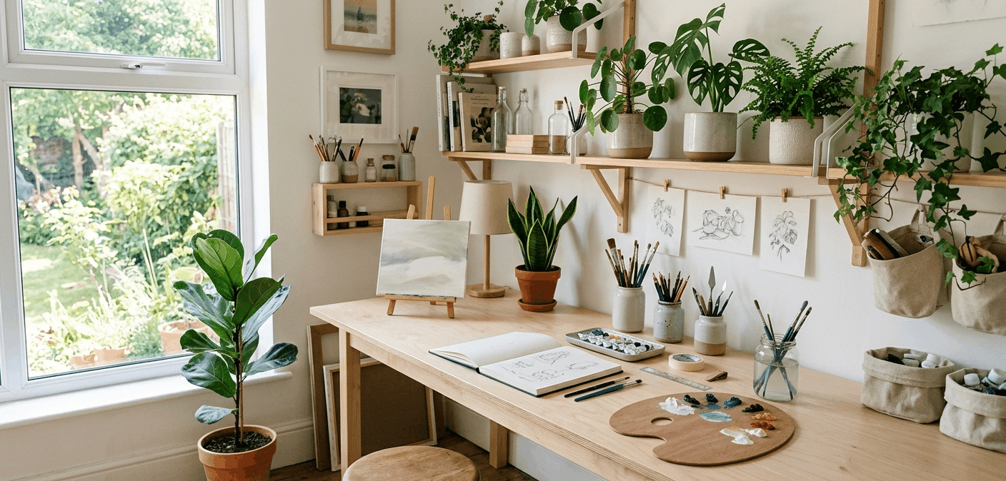 Espacio creativo minimalista con materiales artísticos y plantas
