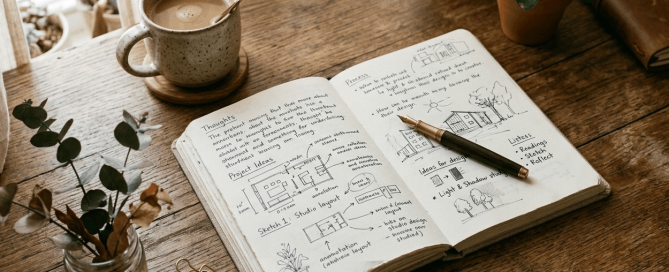Cuaderno abierto a medias con anotaciones, un bolígrafo y acuarelas sobre una mesa de madera iluminada con luz natural.