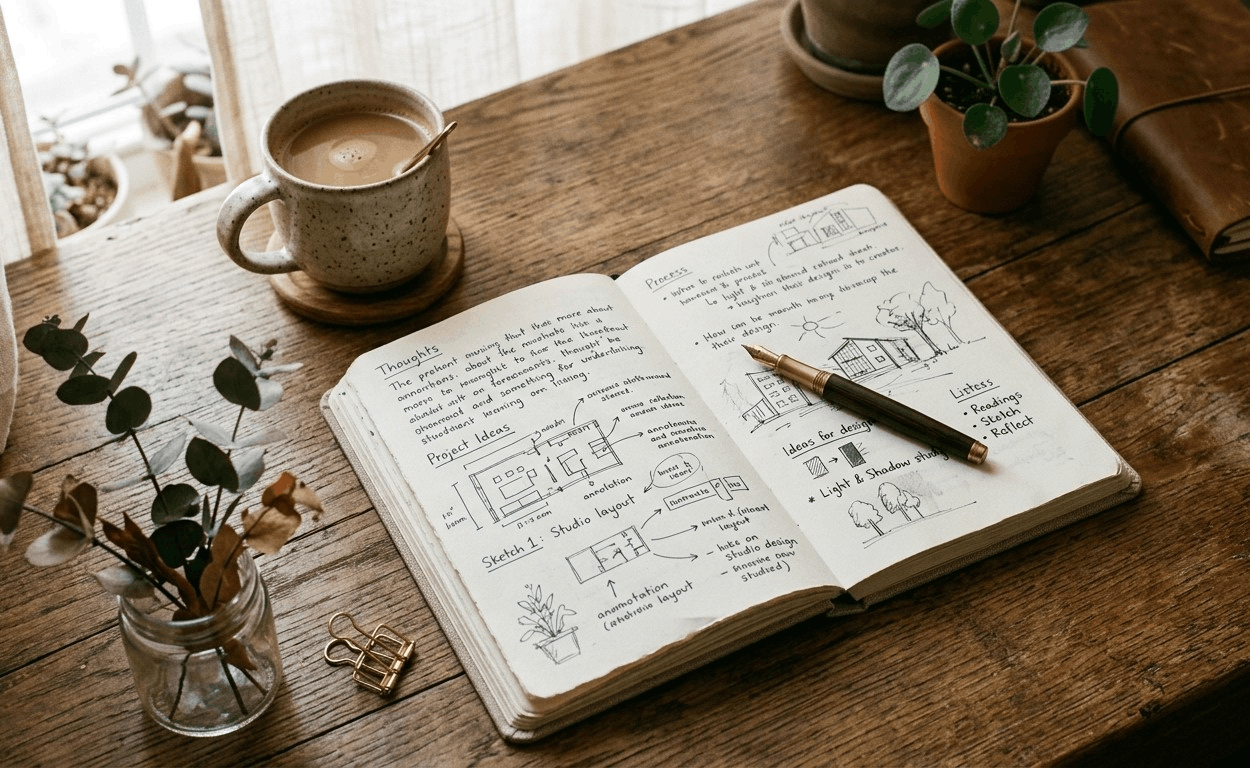 por-que-no-termino-mis-proyectos-inicio Cuaderno abierto a medias con anotaciones, un bolígrafo y acuarelas sobre una mesa de madera iluminada con luz natural.