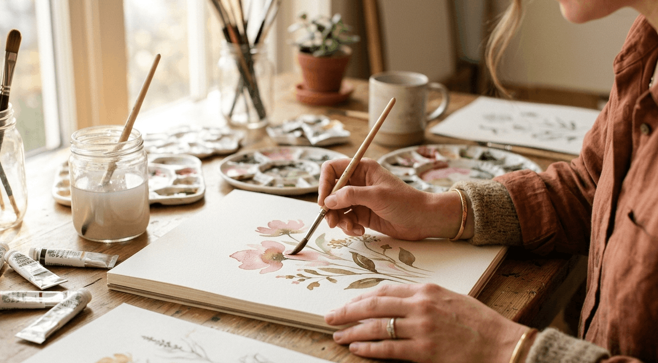Manos de una persona pintando con acuarelas en un estudio luminoso, transmitiendo calma y disfrute sin presión de perfección.